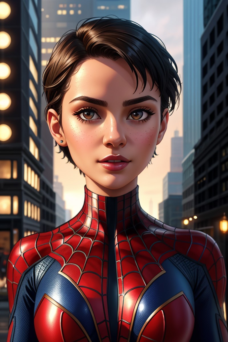 Closeup fullbody portrait of teeny female Spiderman, gnger short hair, city, intricate background, atmospheric scene, mast...